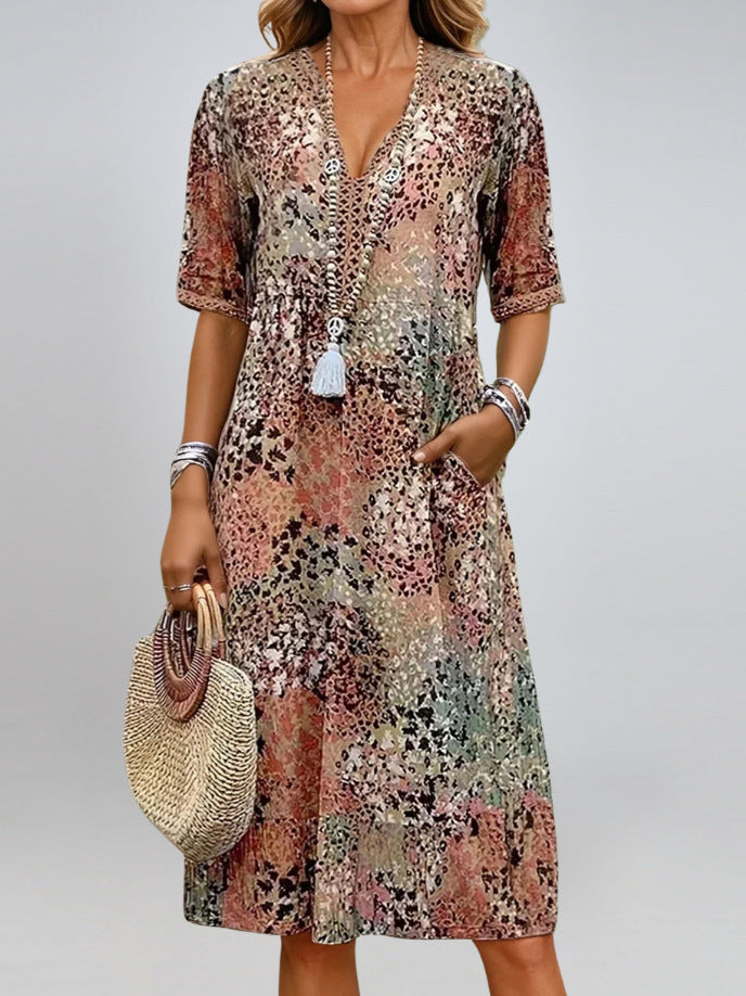 Summer V-neck Half-sleeved Dress With Pockets Fashion Ethnic Print Dresses Beach Holiday Clothing For Women