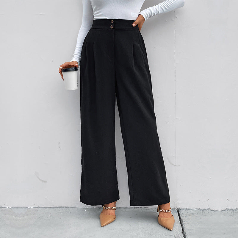 Casual High-Waist Workwear Pants Loose-Fit Black Wide-Leg Trousers