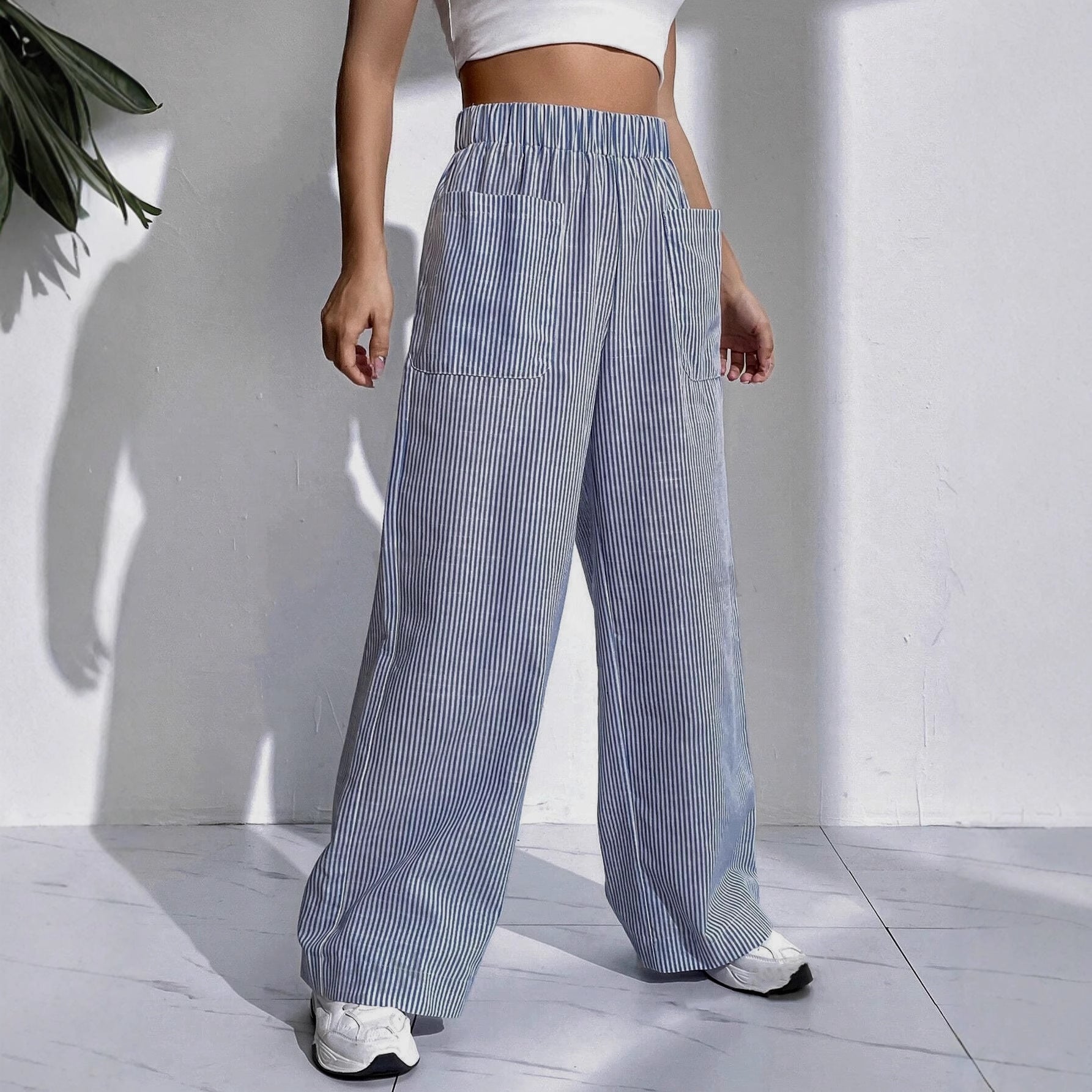 Womens Striped Plaid Printed Wide-Leg Pants