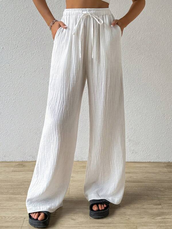 Fashionable Womens Versatile Elastic Waist Casual Wide-Leg Pants