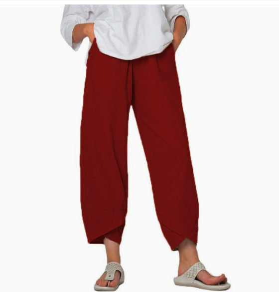 Solid-color Large-size High-waist Loose-fitting Casual Nine-inch Pants