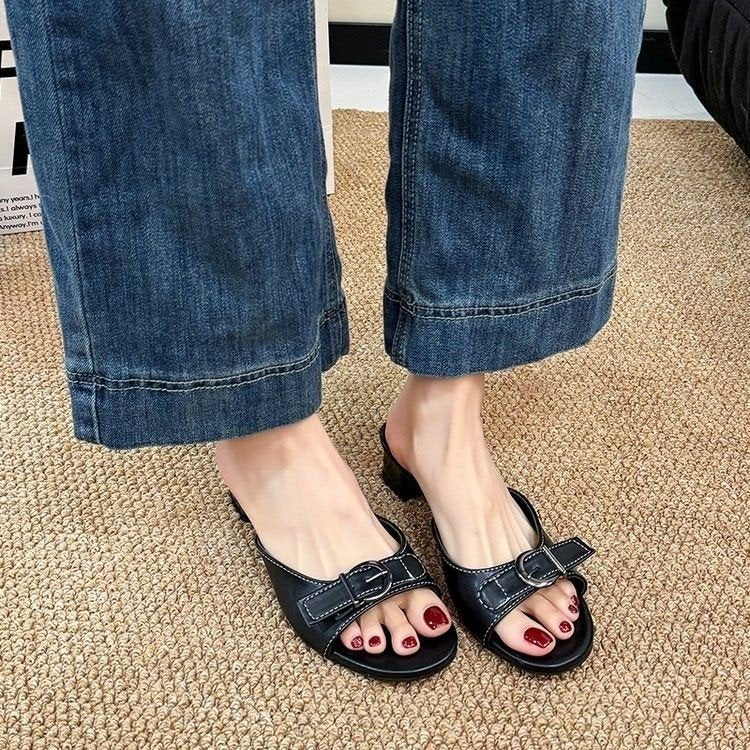 Vintage And Stylish Niche Belt-buckle Slide Sandals For Women, Summer Versatile Chunky Heel Simple Elegant Slippers