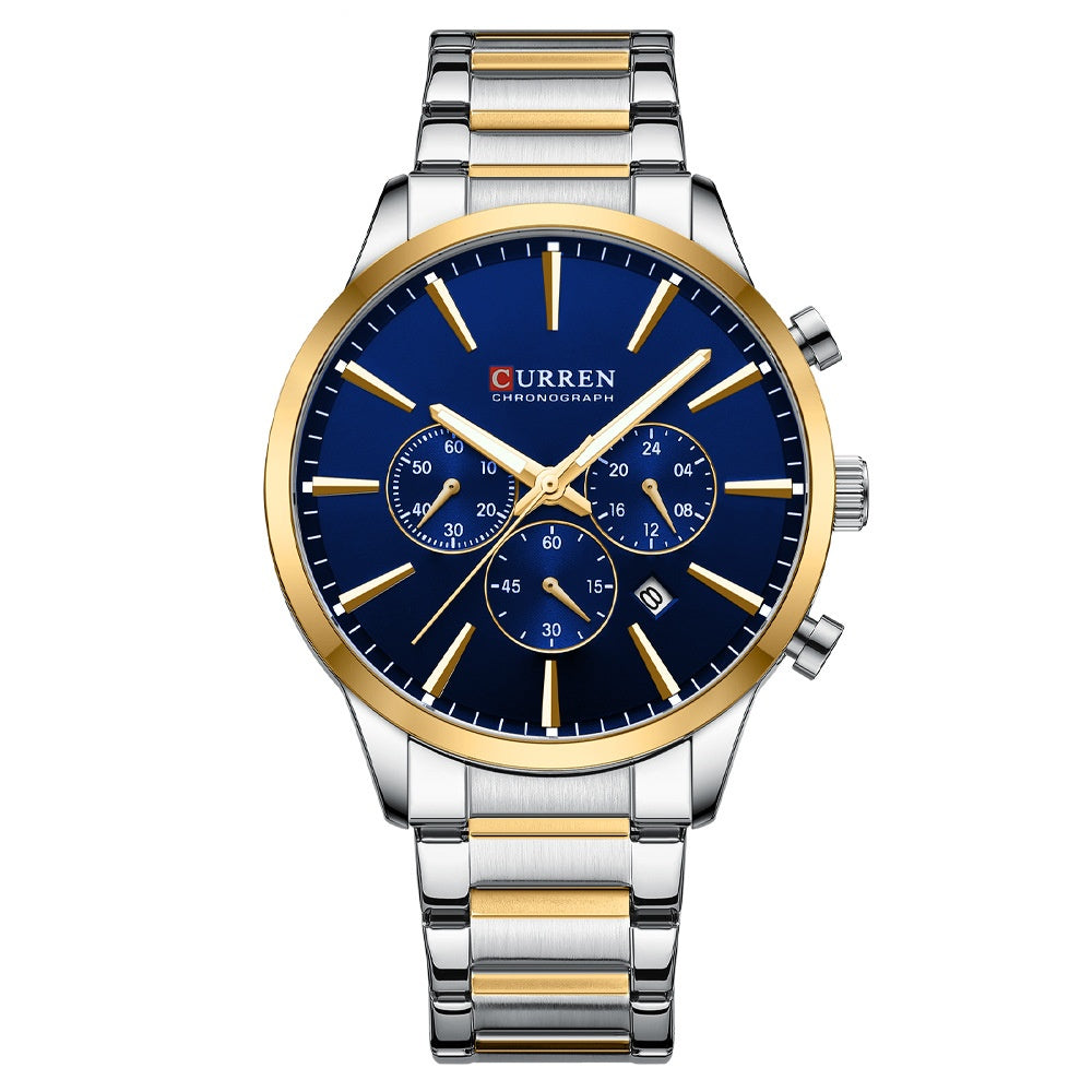 Mens Waterproof Business Round Six-Hand Calendar Watch