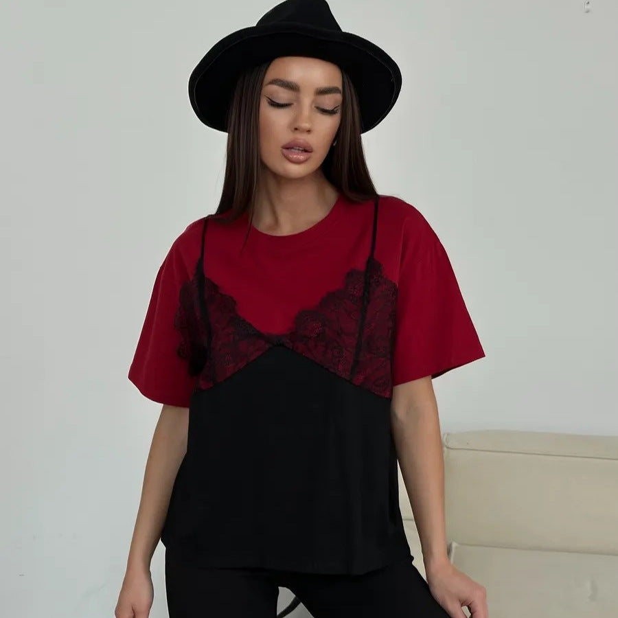 Women's Lace-Patchwork Loose Basic Crew-Neck Short-Sleeve T-Shirt