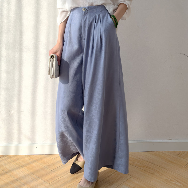 Blue Jacquard Casual French-Style Resort Wide-Leg Pants For Women