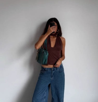 Dark Brown V-neck Halter Topvest With Multiple Styling Options