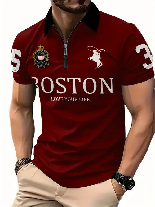 Summer High-End Business Streetwear 3D Digital Print Lapel Mens Zip-Up Polo Shirt