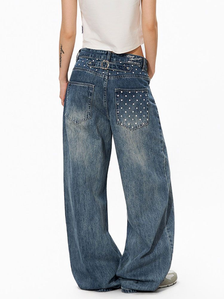 Star-print Wide-leg Denim Jeans For Women Washed Loose-fit Casual