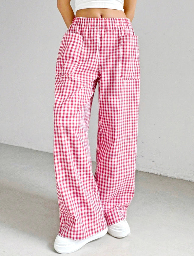 Womens Striped Plaid Printed Wide-Leg Pants