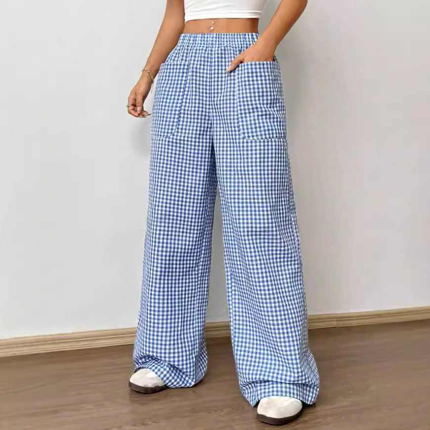 Womens Striped Plaid Printed Wide-Leg Pants
