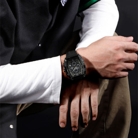 Mens Quartz Watch Barrel-Shaped Silicone Strap Luminous Water-Resistant Sports Watch
