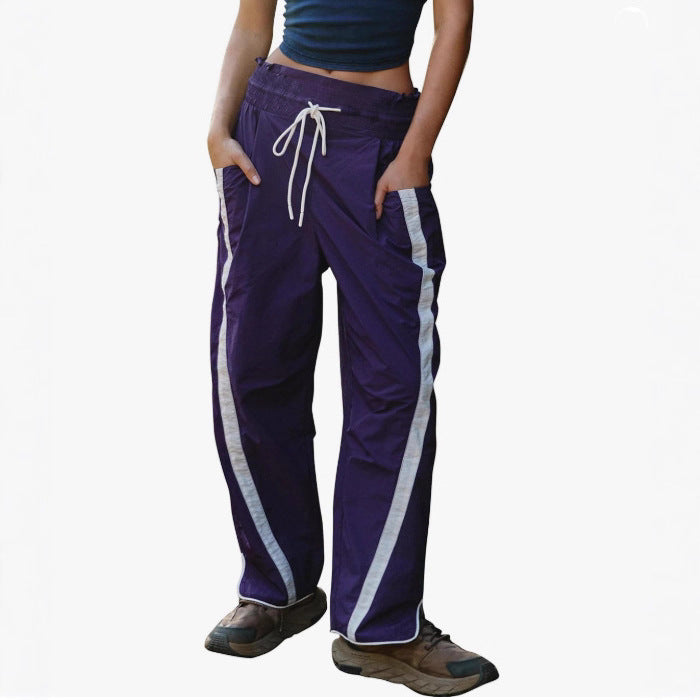 Women's Casual Drawstring Side-Striped Straight-Leg Pants