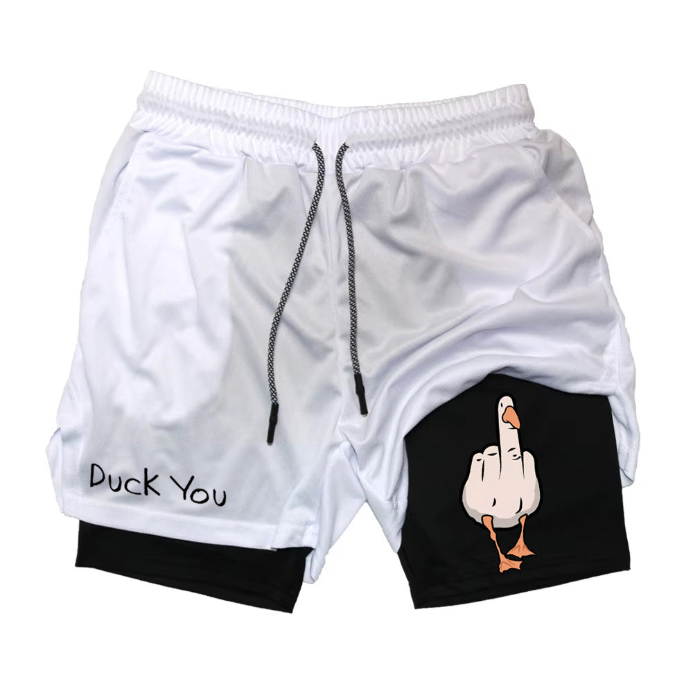 Mens Cartoon Duck Double-Layer Sports Shorts