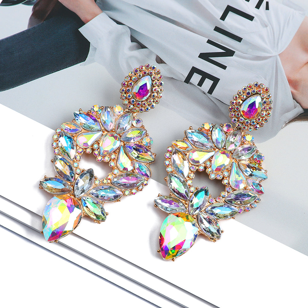 Multi Color Paved Rhinestone Floral Teardrop Dangle Earrings Women Luxury Statement Wedding Prom Formal Party Accessories