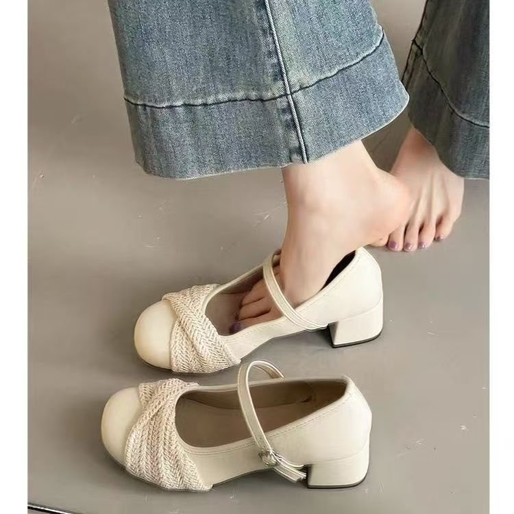 Women's Woven Mary Jane Shoes, 2026 New Gentle Style, French Buckle Strap, Block Heel Pumps, Fairy Elegant High Heels