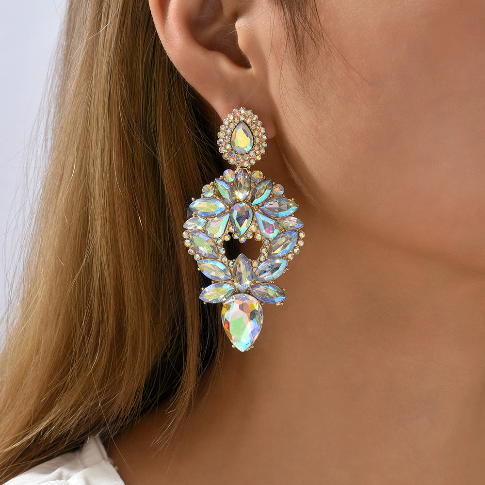 Multi Color Paved Rhinestone Floral Teardrop Dangle Earrings Women Luxury Statement Wedding Prom Formal Party Accessories