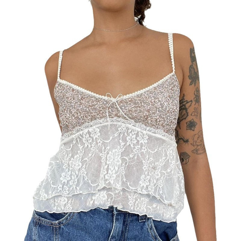 Printed Lace Patchwork Sexy Womens Vest