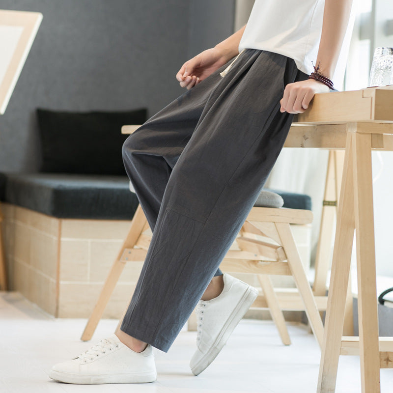Mens Cotton-linen Relaxed-fit Straight-leg Casual Pants