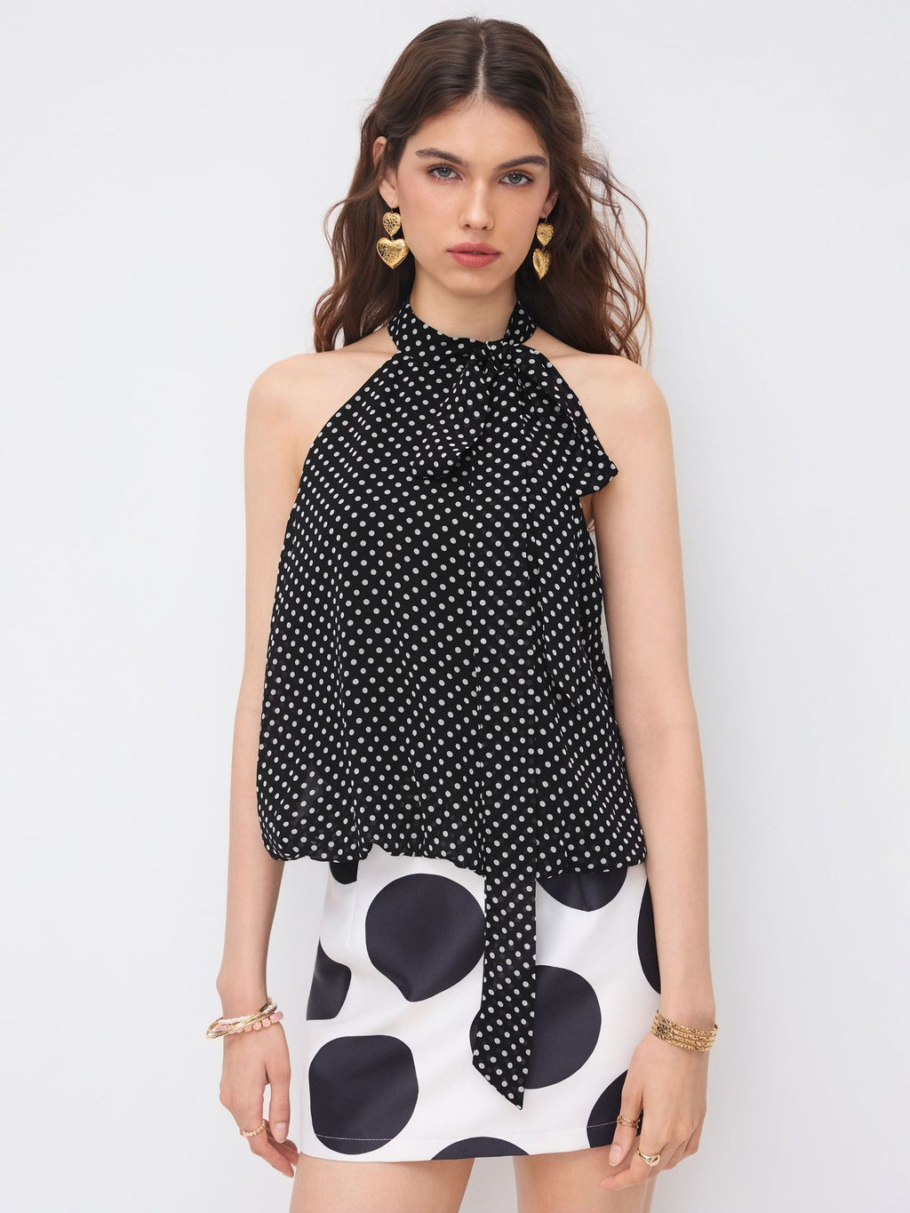 Round-neck Polka-dot Sleeveless Tie-neck Top