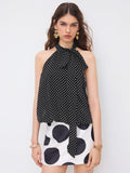 Round-neck Polka-dot Sleeveless Tie-neck Top