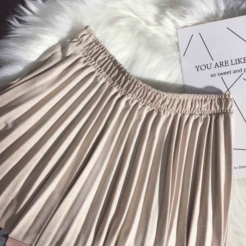 Deerskin Velvet Pleated Skirt Female High-waisted A-line Skirt All-match Big Hem