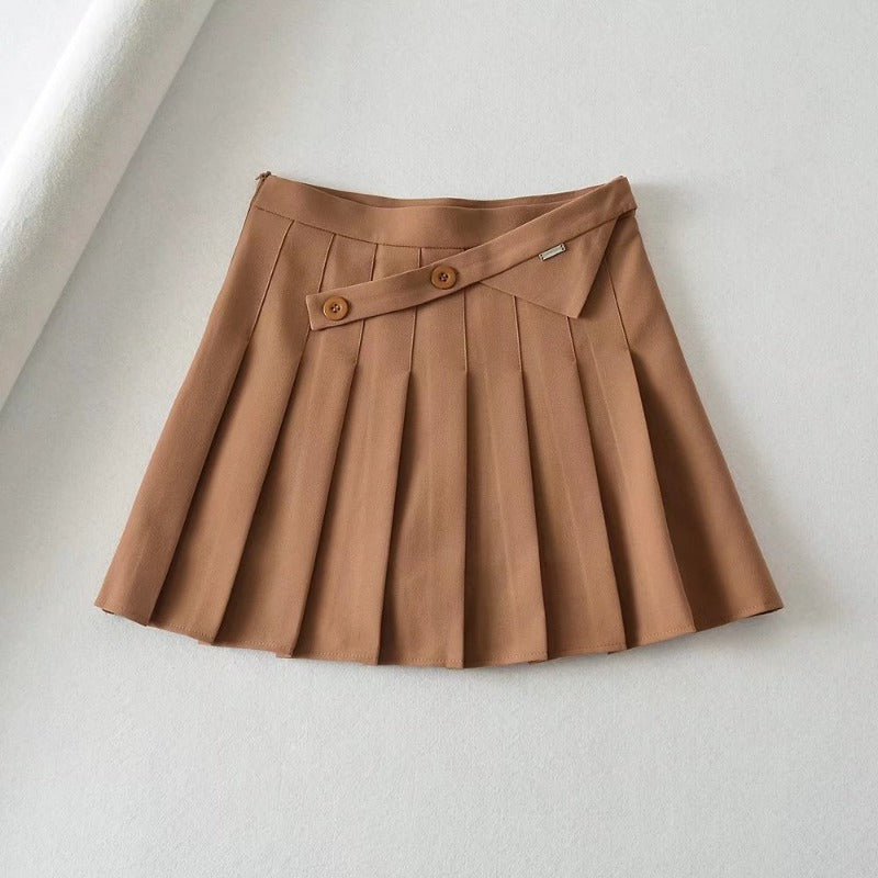 New Summer Oblique Button High Waist Pleated Skirt