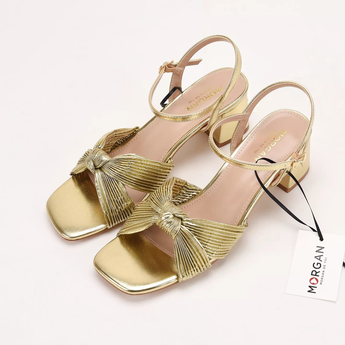 Cross-Strap Knot Square-Toe Mid-Heel Sandals