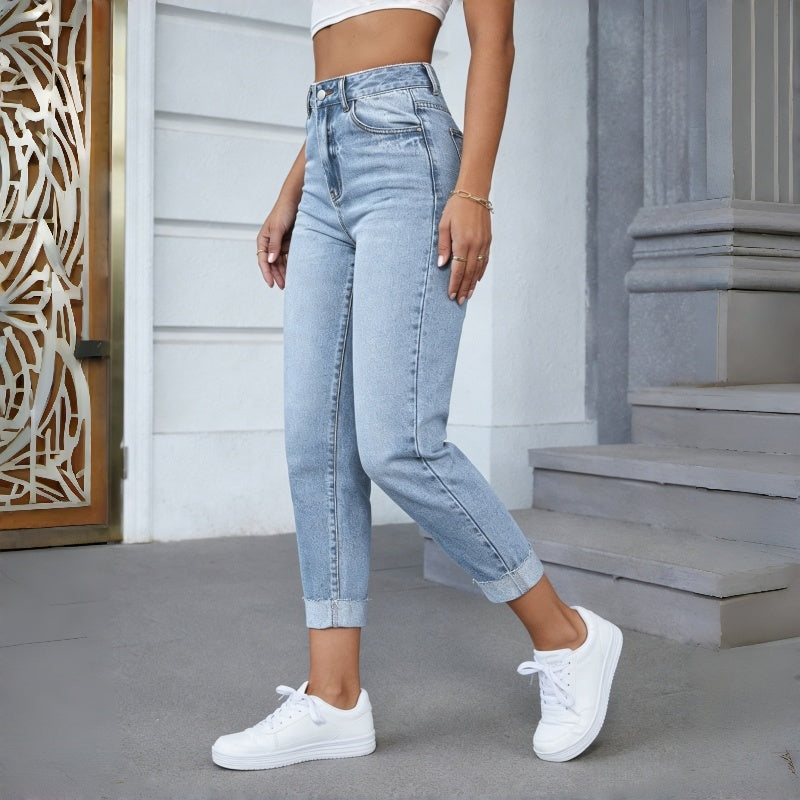 Women's Light Blue Casual Rolled Cuff Ankle-Length Stretch Skinny Jeans For Spring & Summer
