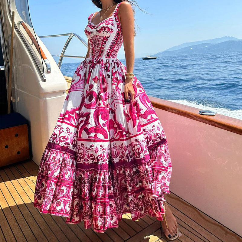 Printed Sleeveless Dress Fashion Temperament Spaghetti Waist-controlled Large Hem Dresses For Women
