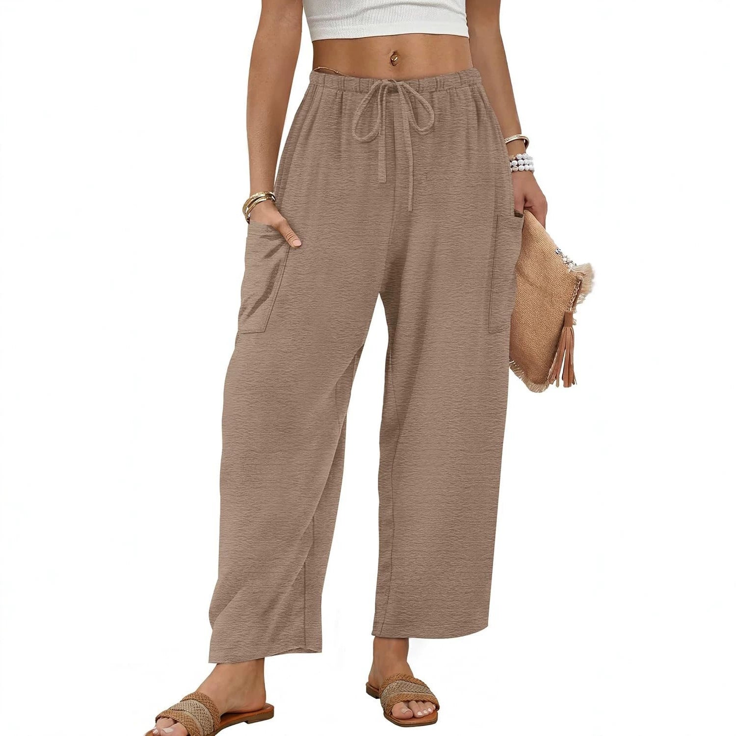 Women's Linen Pants With Belt And Pockets