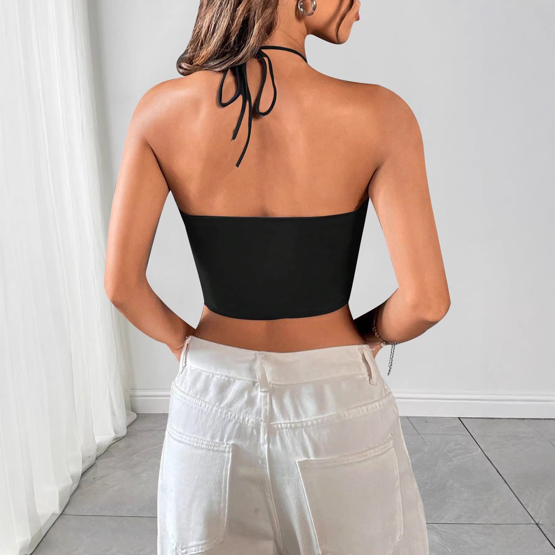Womens Strap Drawstring Tank Top Slim Fit Cropped Design