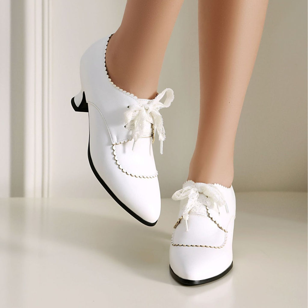 Fashionable High-Heel Plus-Size Embossed Floral Lace-Up Pointed-Toe Womens Pumps