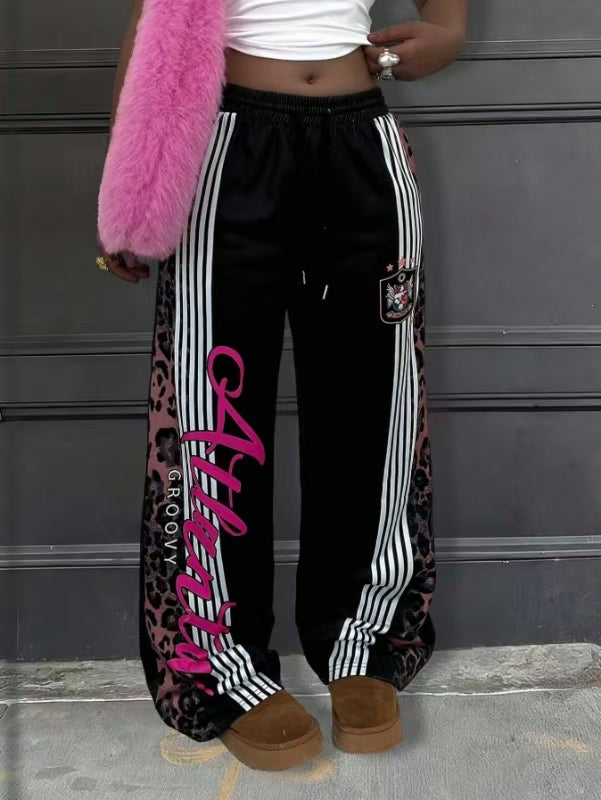 American Style Leopard Print Patchwork Sweatpants For Women, Side Stripes, Printed Letters, Trendy Street Style Casual Wide-Leg Pants