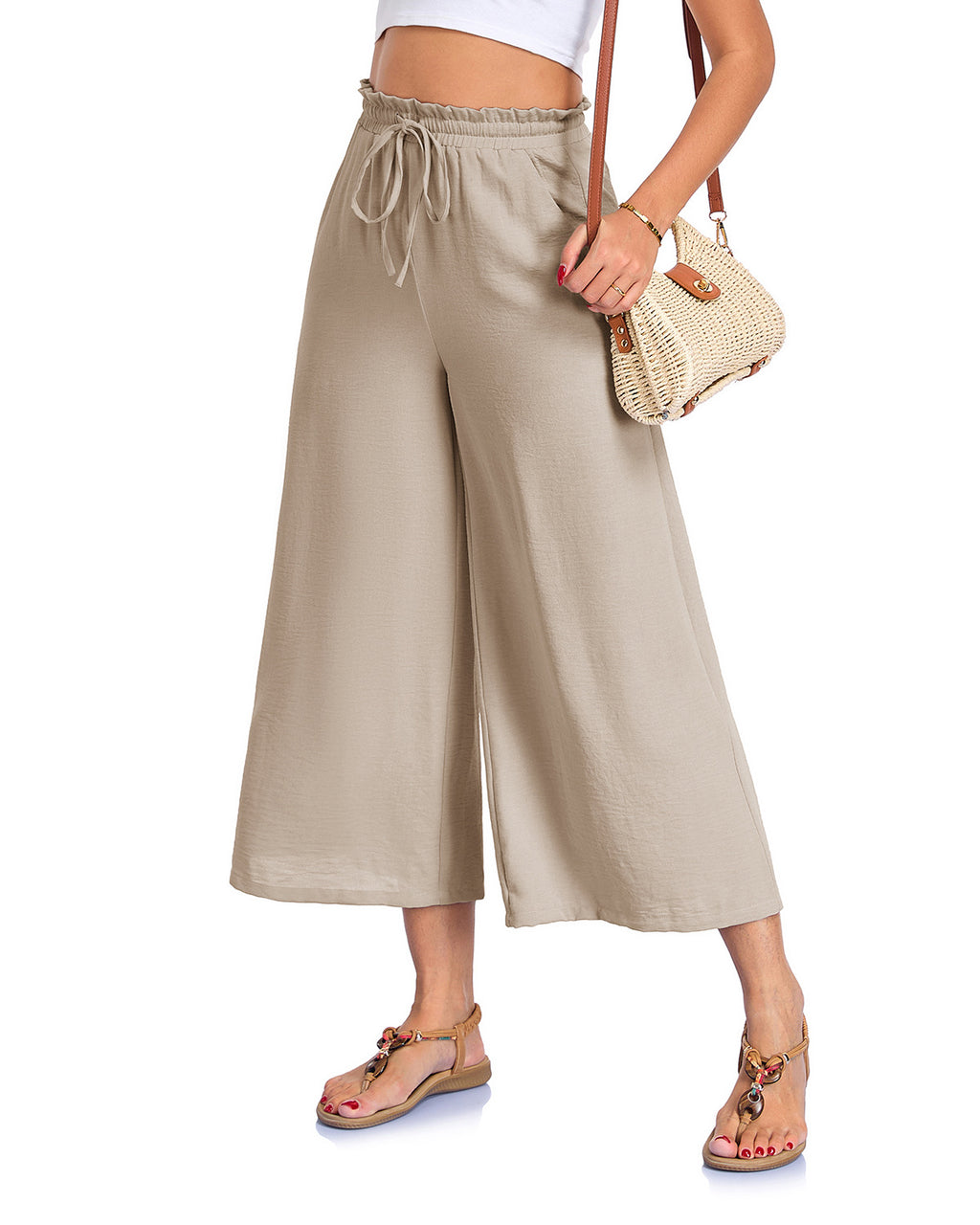 Fashionable Loose-fitting Capri Wide-leg Pants With Pockets And An Elastic Waistband