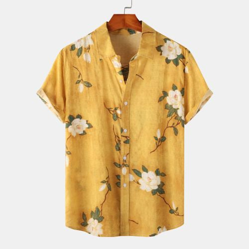 Men's Loose Printed Cotton And Linen Shortsleeved Shirt