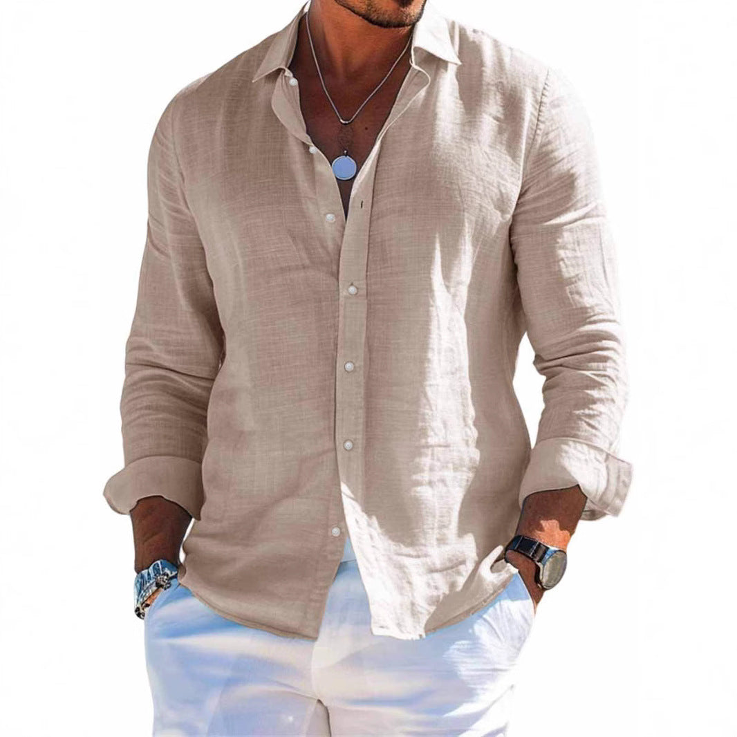 Men's Solid-Colored Lapel Beach Long-Sleeve Shirt