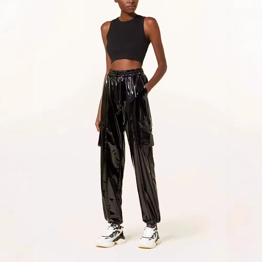 Mirror-finish Patent Leather Stretchy Loose Casual Leather Pants