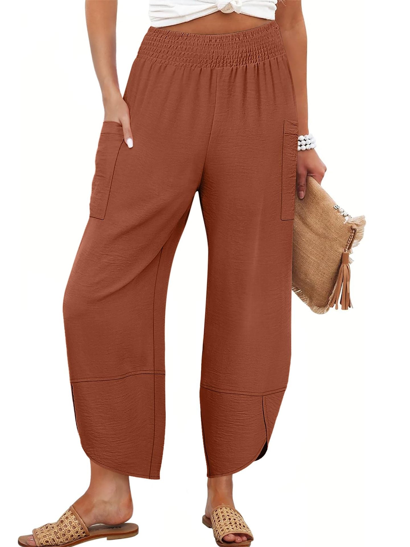 Summer New High-Waist Loose Solid-Color Side-Pocket Cropped Trousers