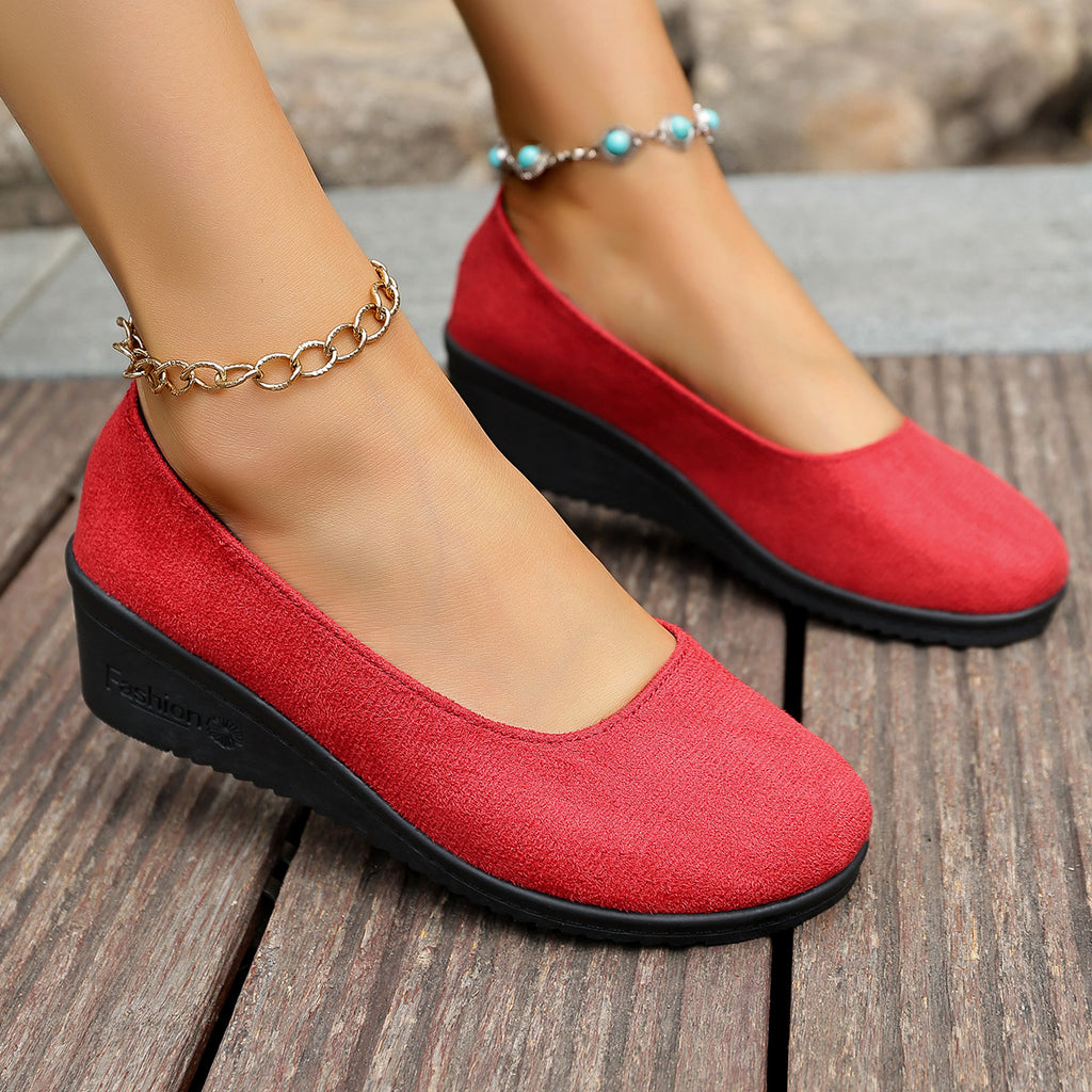 Shallow-toe Round-toe Slip-on Suede Wedge Shoes