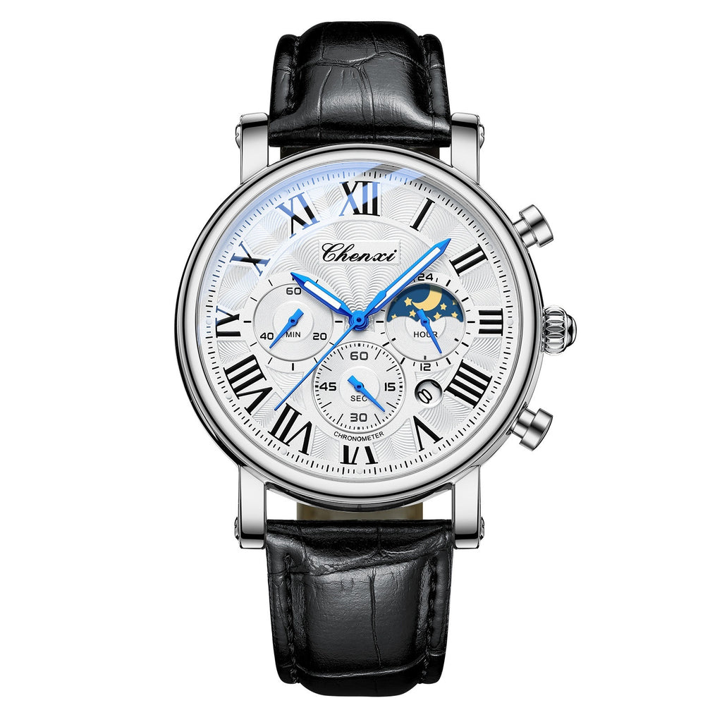 Multifunctional Mens Business Moon Phase Calendar Waterproof Watch