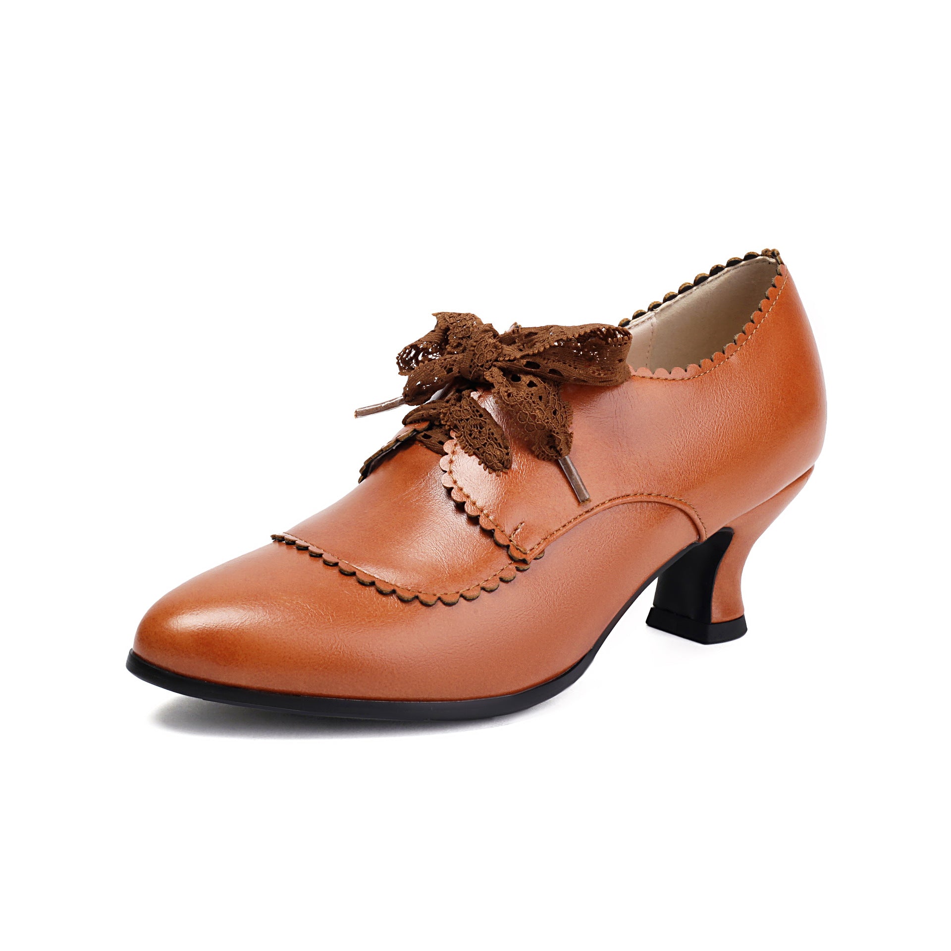 Fashionable High-Heel Plus-Size Embossed Floral Lace-Up Pointed-Toe Womens Pumps