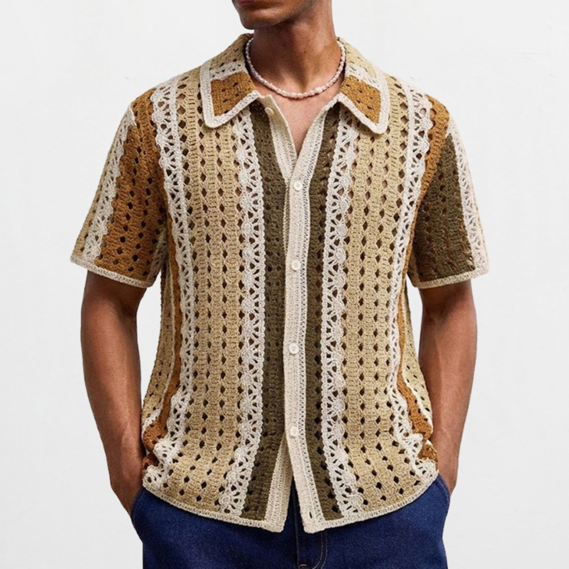 Mens Fashionable Water-Soluble Crochet Knit Sweater