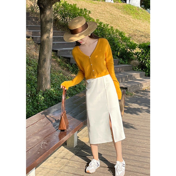 Women's Solid Color Versatile Mid Length Slit Skirt