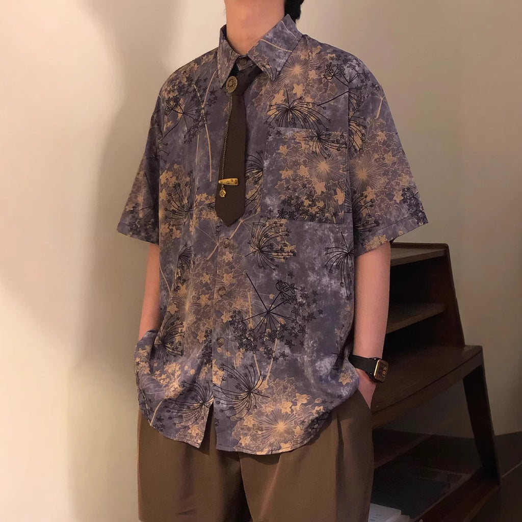 Retro Loose Printed Short-Sleeve Shirt Top Men's