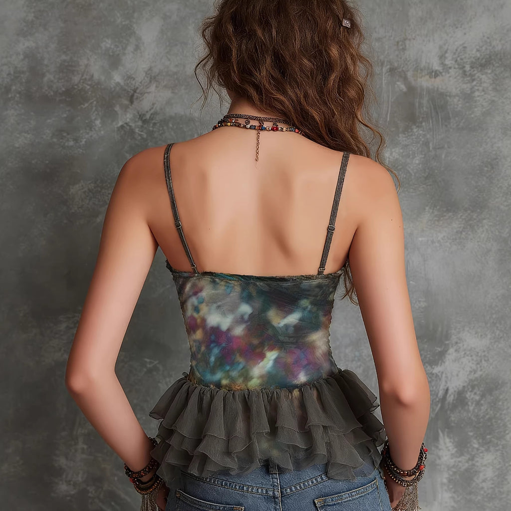 Printed Top Fashionable And Sexy With Ruffled Mesh Trim