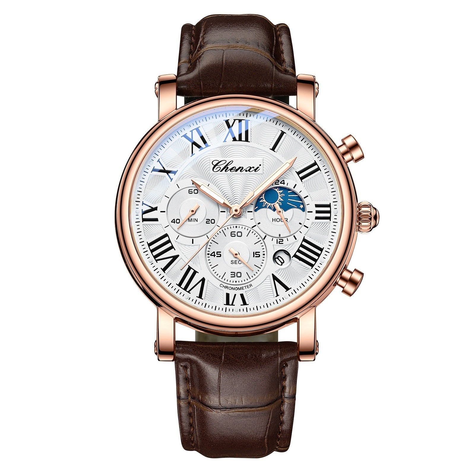Multifunctional Mens Business Moon Phase Calendar Waterproof Watch