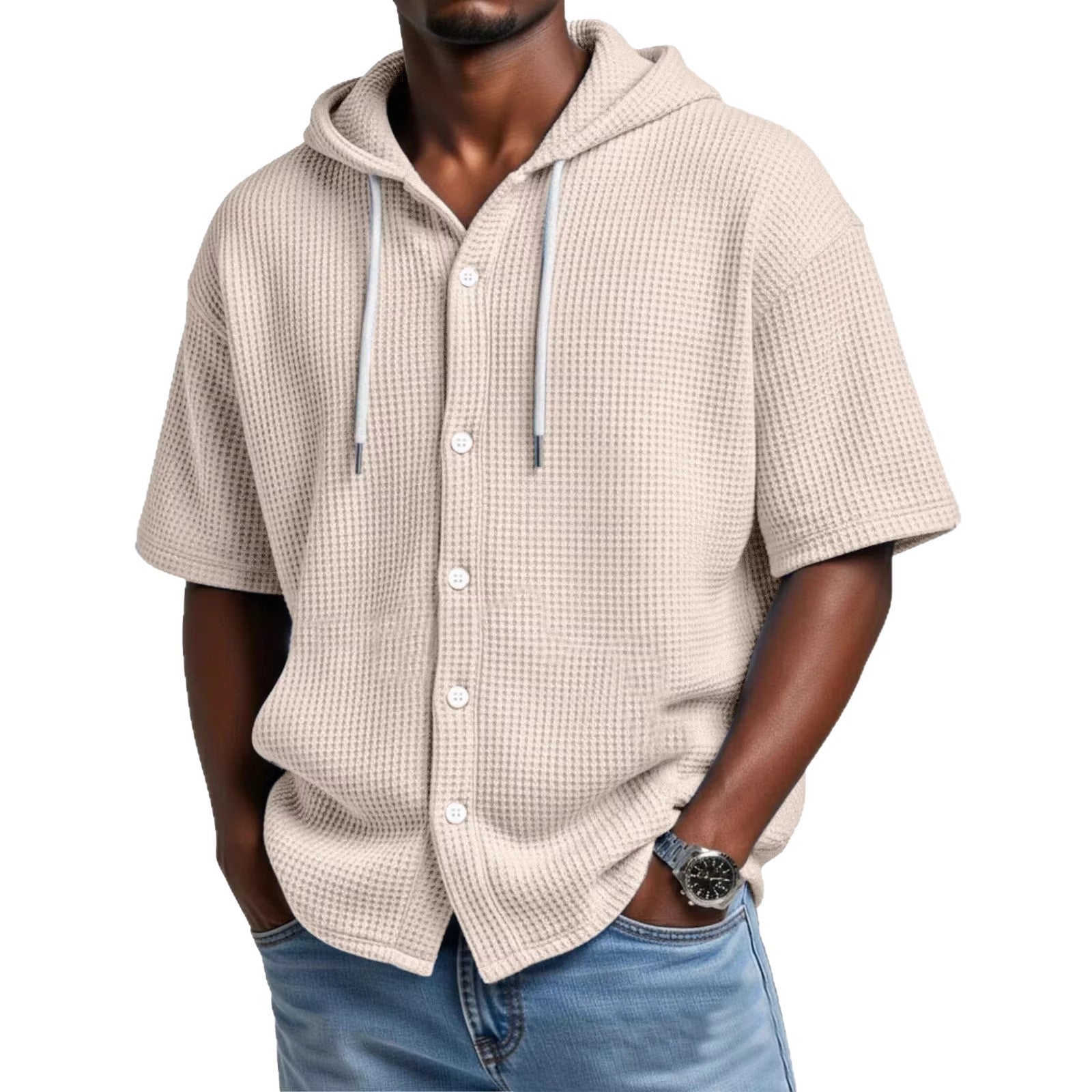 SpringSummer Casual Waffle Weave Hooded Short-Sleeve Top