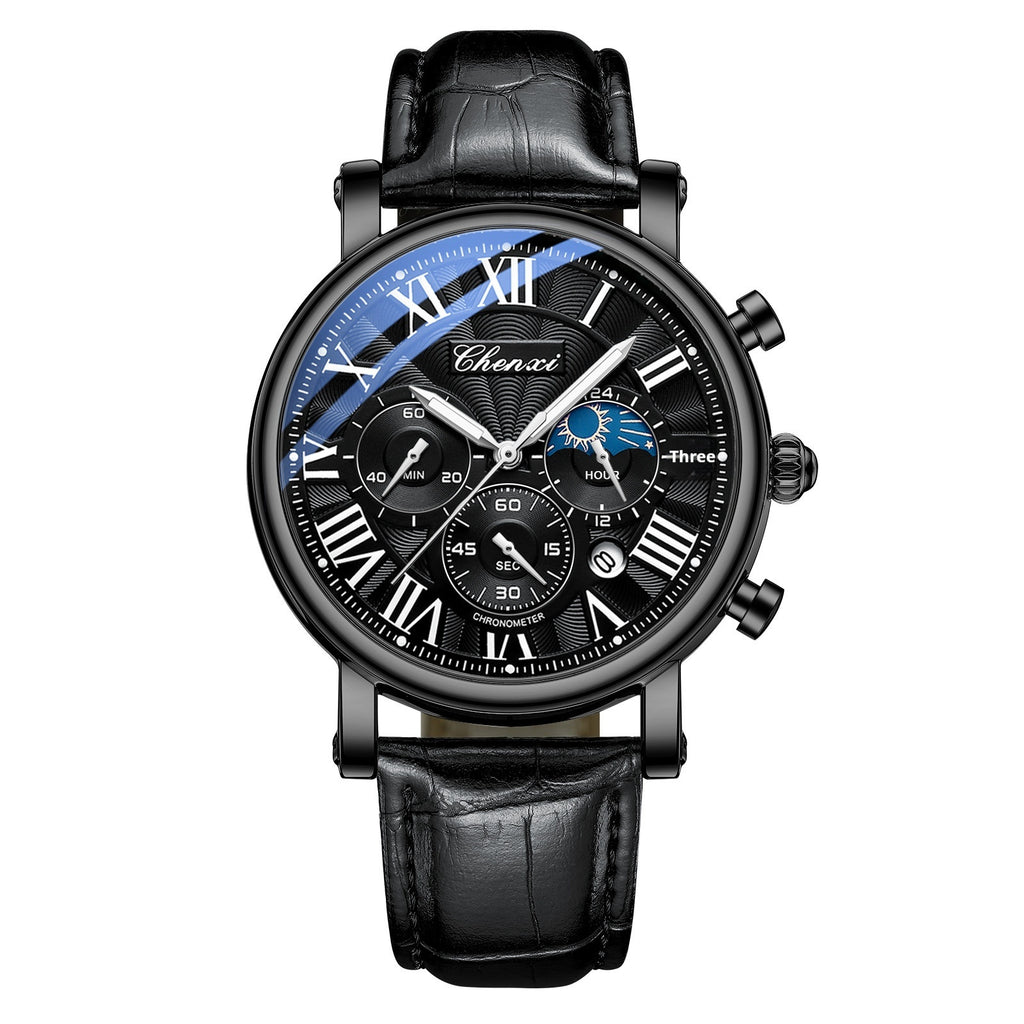 Multifunctional Mens Business Moon Phase Calendar Waterproof Watch